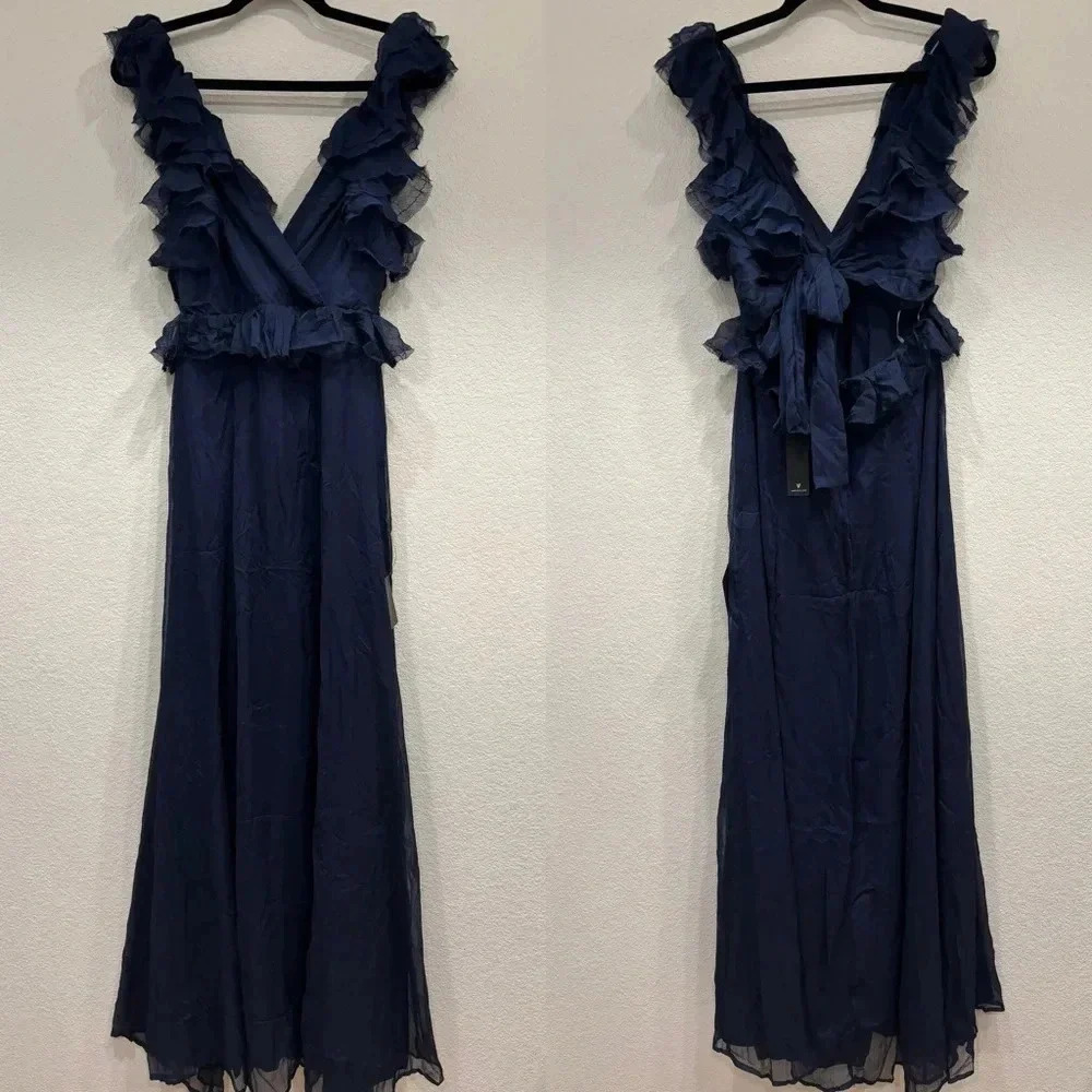 NWT Lulus Navy Blue Ruffled Tie-Back Maxi Dress - Picture 4 of 8